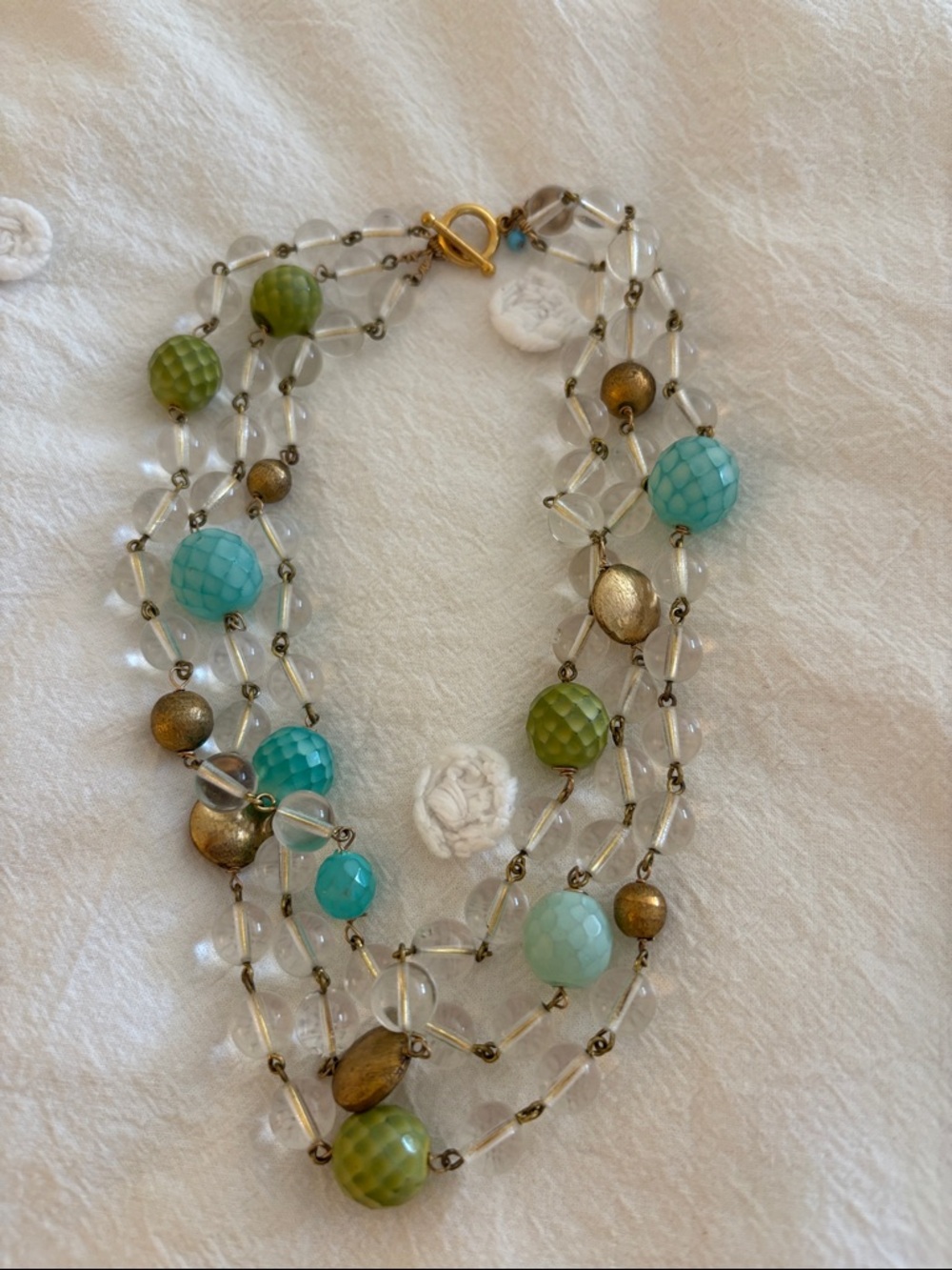 Multi-Strand Teal & Olive Bead Necklace by